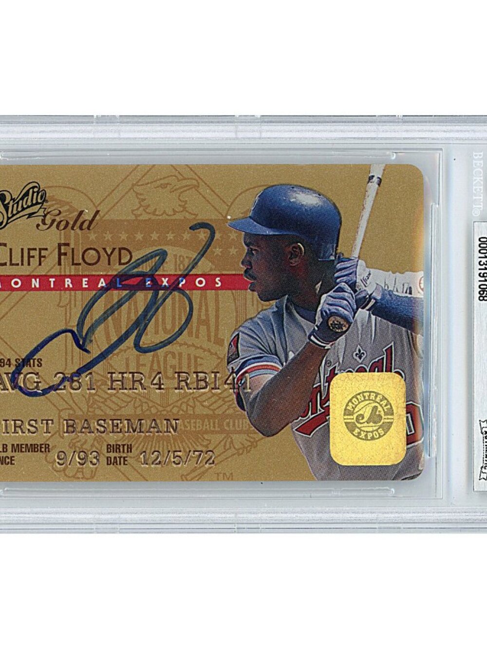 Cliff Floyd Signed 1995 Donruss Studio Gold #26 Expos Beckett BAS Slabbed Auto